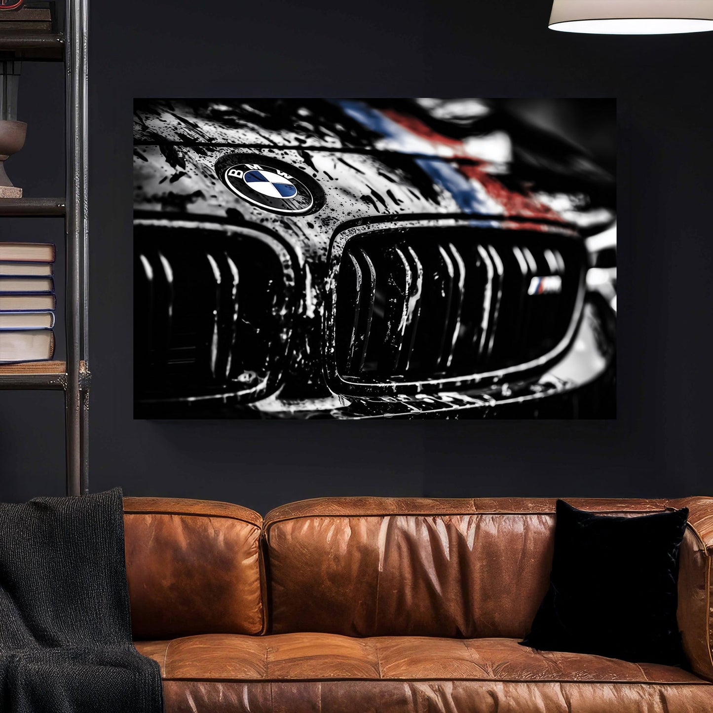 Close-up of a BMW M Series emblem and grille with water droplets wall art.