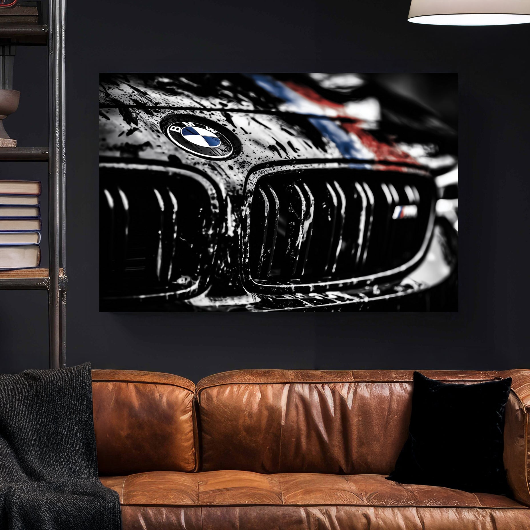 Close-up of a BMW M Series emblem and grille with water droplets wall art.