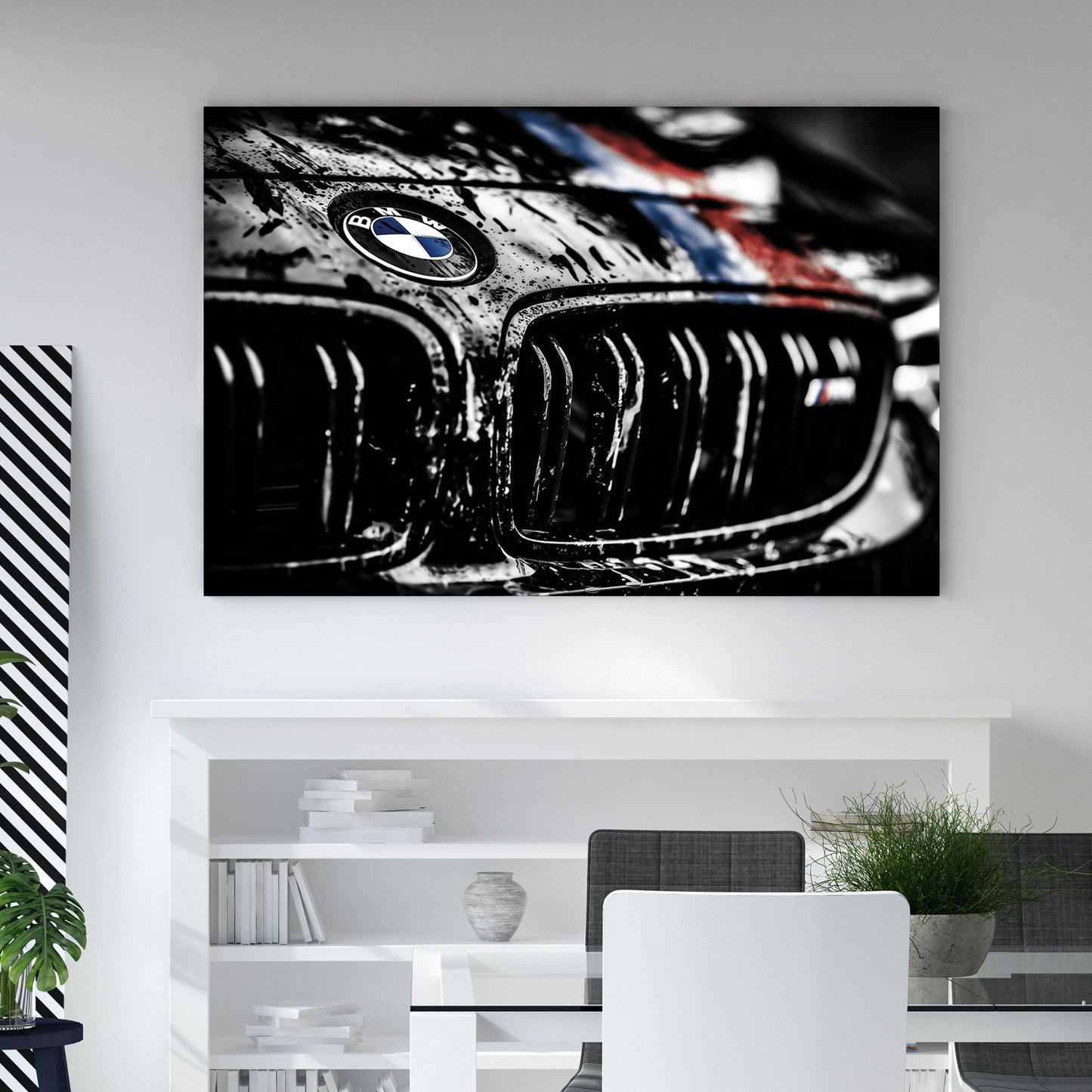 Close-up of a BMW M Series emblem and grille with water droplets wall art.