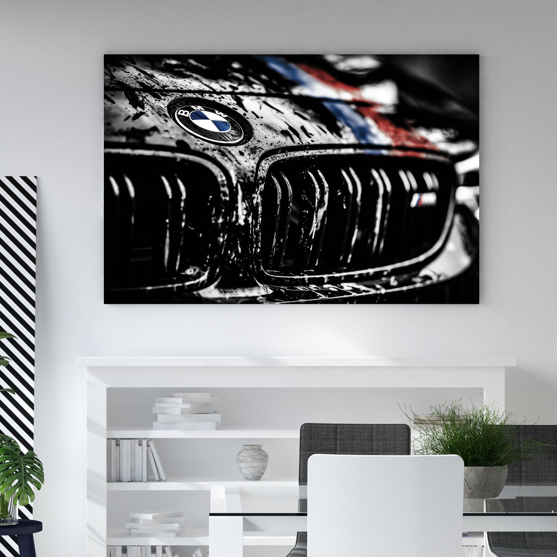 Close-up of a BMW M Series emblem and grille with water droplets wall art.