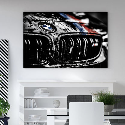 Close-up of a BMW M Series emblem and grille with water droplets wall art.