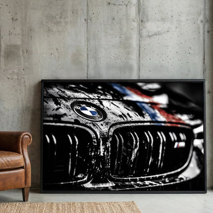 Close-up of a BMW M Series emblem and grille with water droplets wall art.
