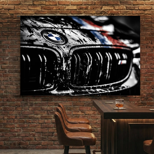Close-up of a BMW M Series emblem and grille with water droplets wall art.