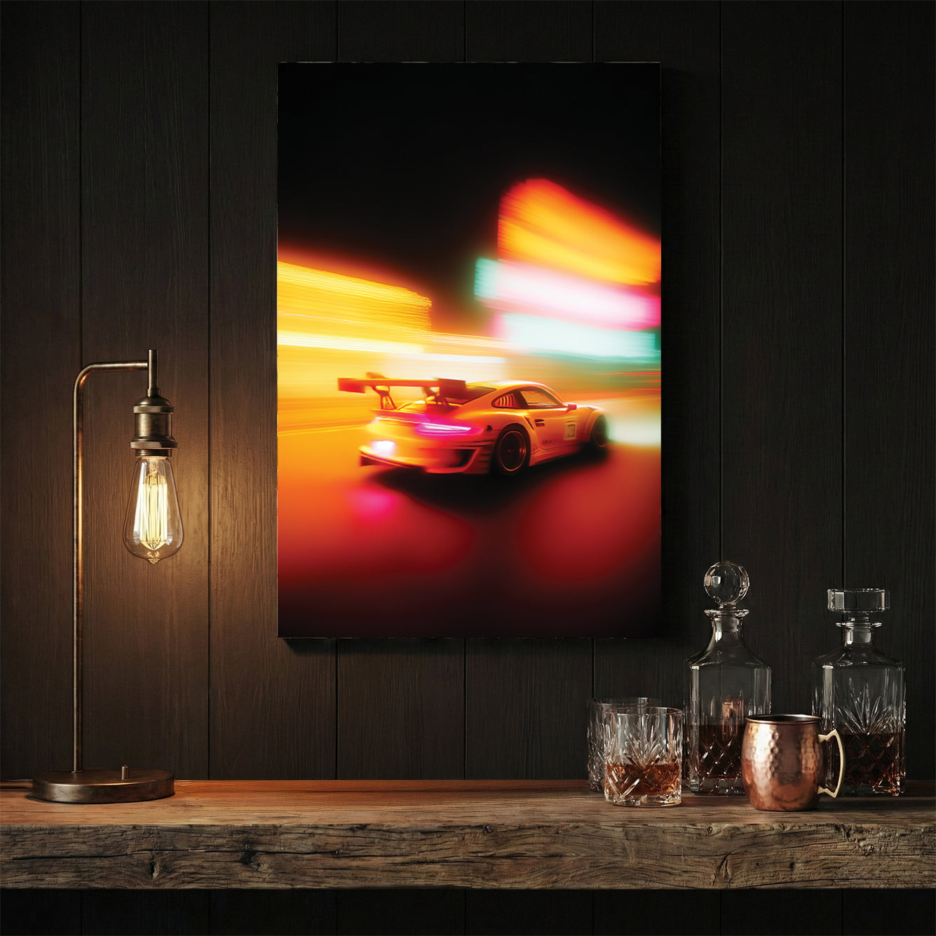Motion blurred Porsche 911 racing through city lights wall art.