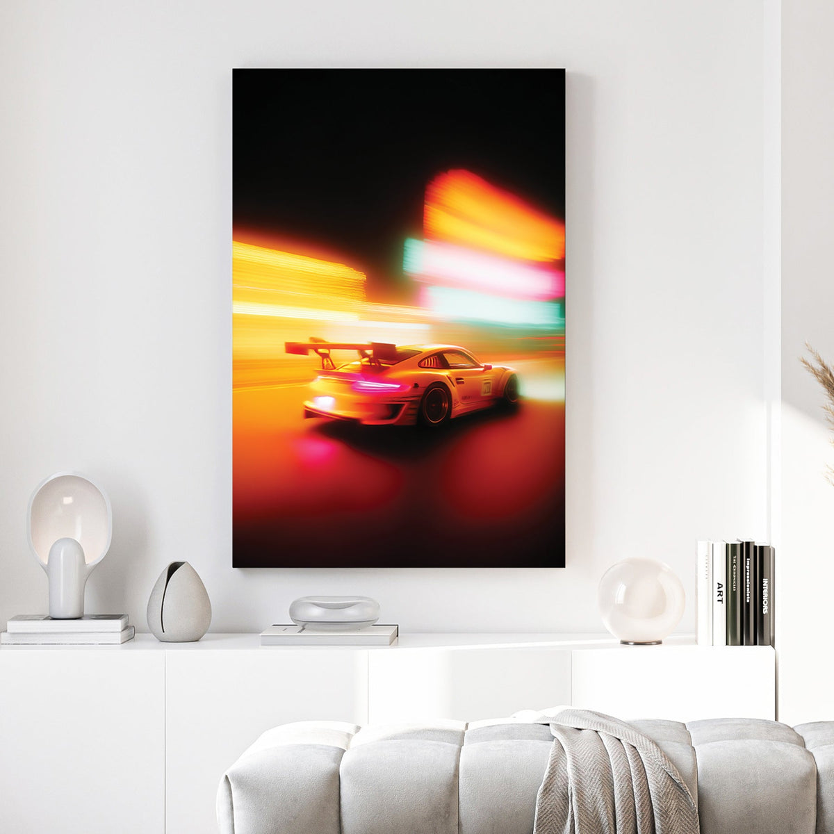 Motion blurred Porsche 911 racing through city lights wall art.