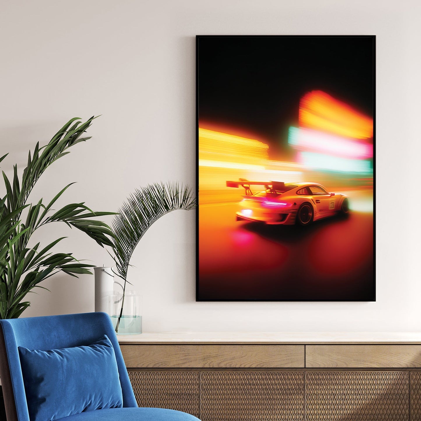 Motion blurred Porsche 911 racing through city lights wall art.