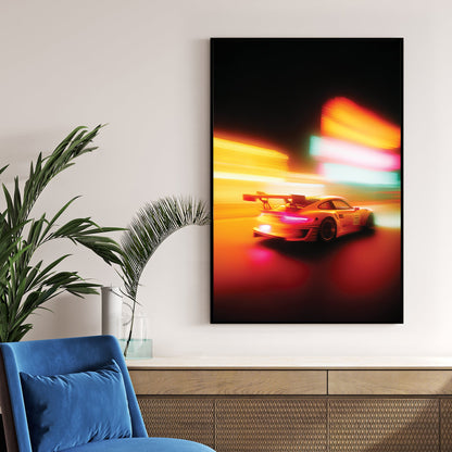 Motion blurred Porsche 911 racing through city lights wall art.