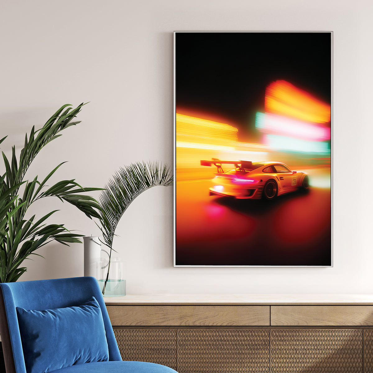 Motion blurred Porsche 911 racing through city lights wall art.