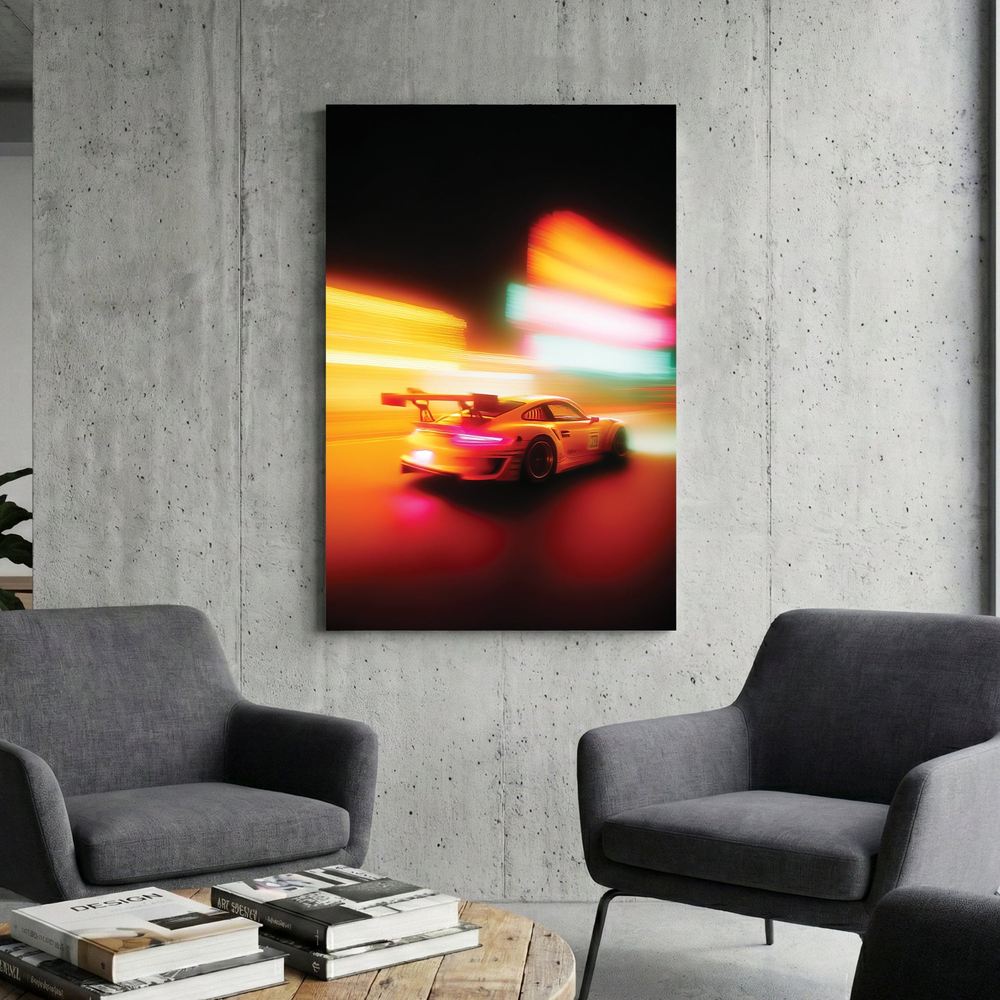 Motion blurred Porsche 911 racing through city lights wall art.