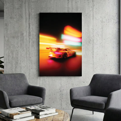 Motion blurred Porsche 911 racing through city lights wall art.