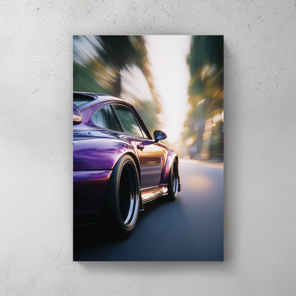 Close-up of a purple Porsche 911 driving on a road with motion blur wall art.