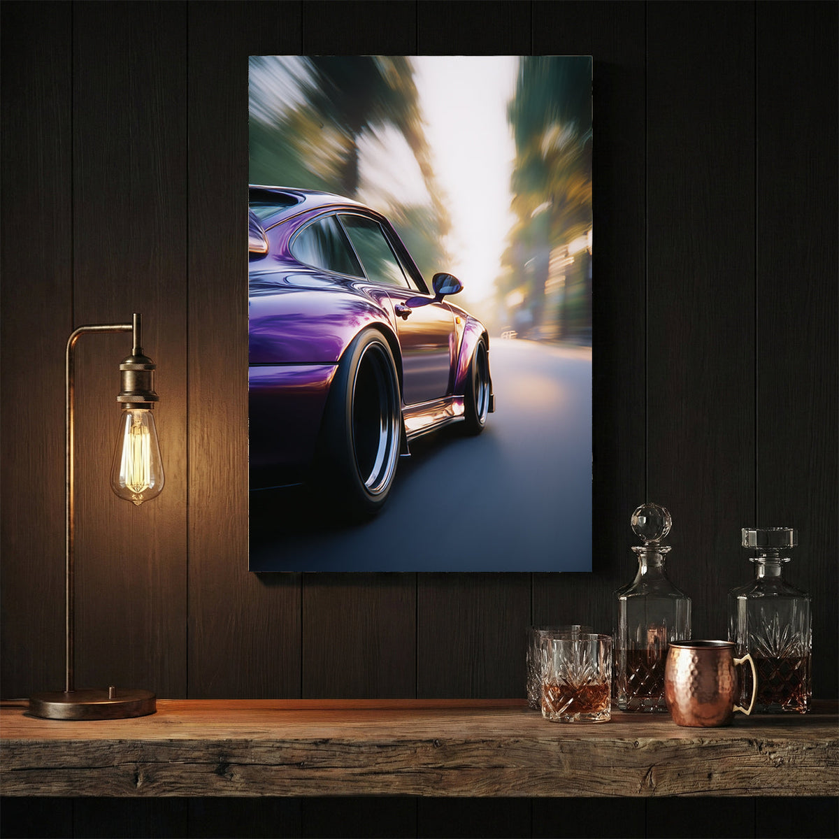 Close-up of a purple Porsche 911 driving on a road with motion blur wall art.
