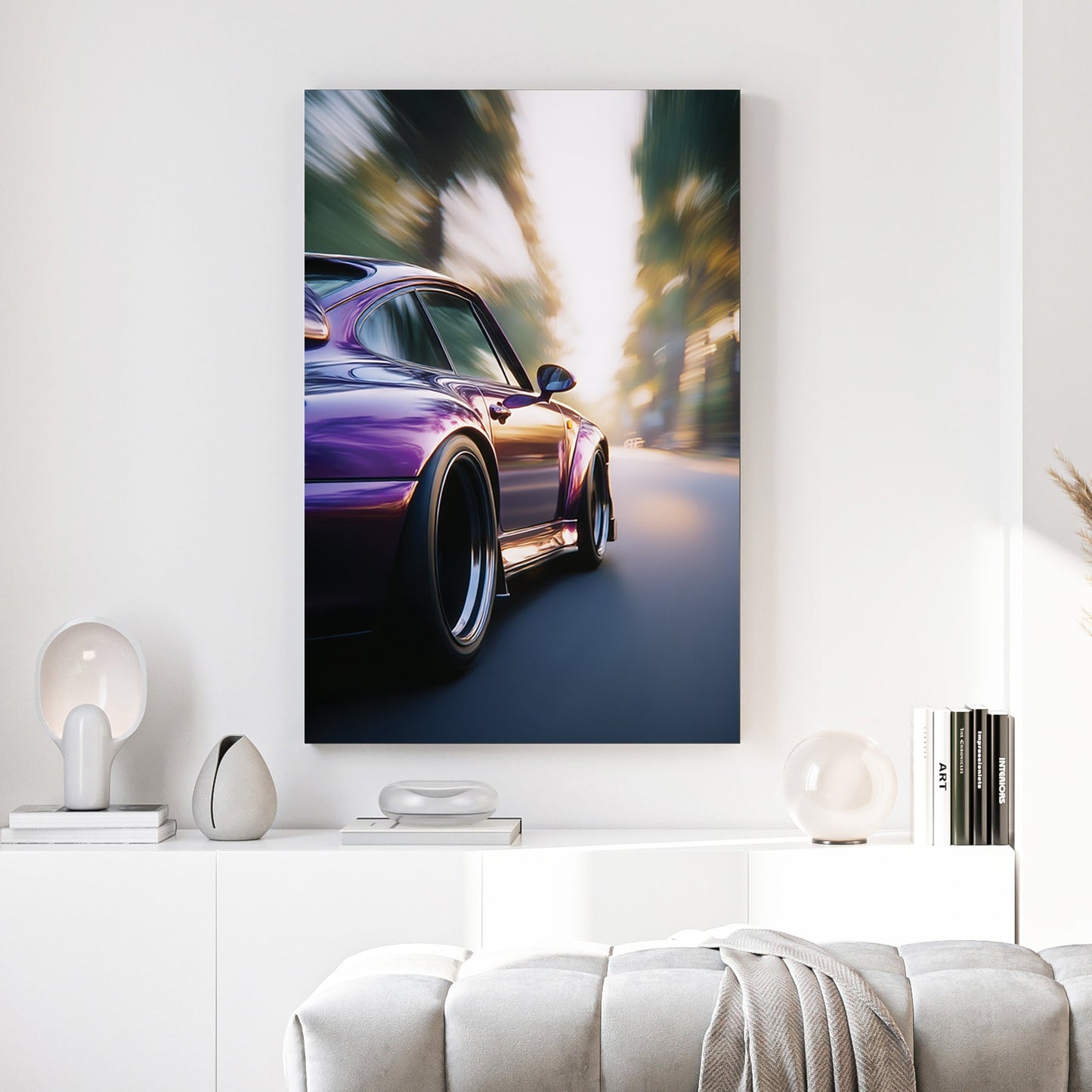 Close-up of a purple Porsche 911 driving on a road with motion blur wall art.
