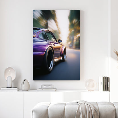 Close-up of a purple Porsche 911 driving on a road with motion blur wall art.