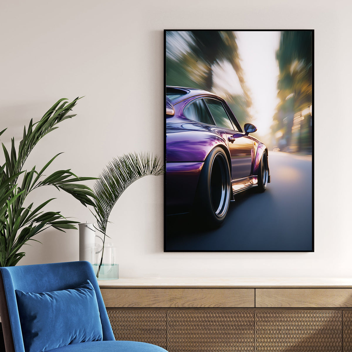 Close-up of a purple Porsche 911 driving on a road with motion blur wall art.
