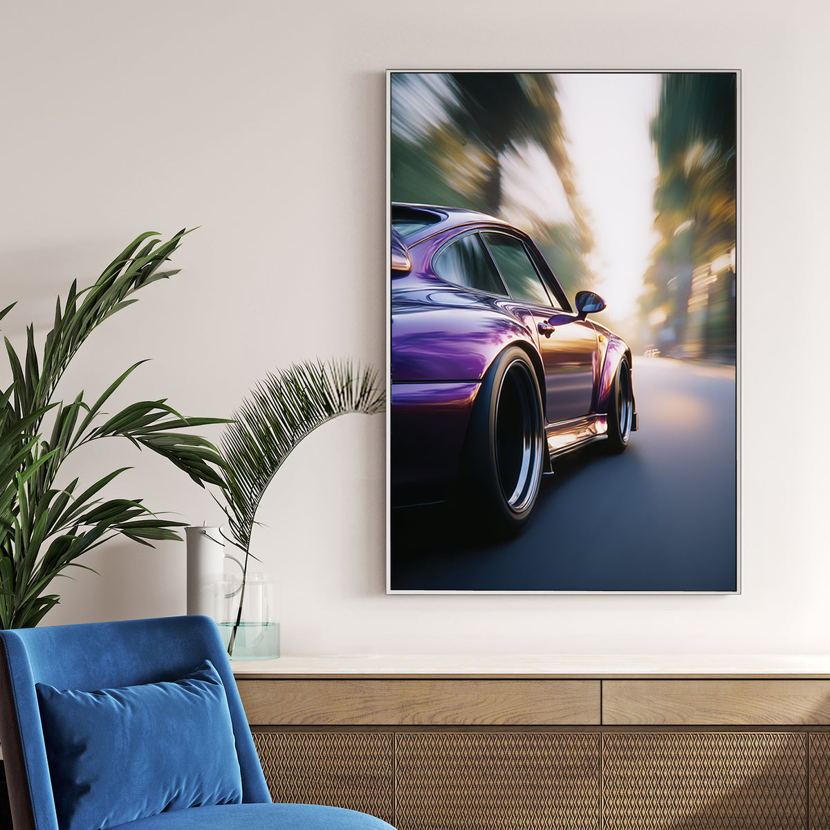 Close-up of a purple Porsche 911 driving on a road with motion blur wall art.