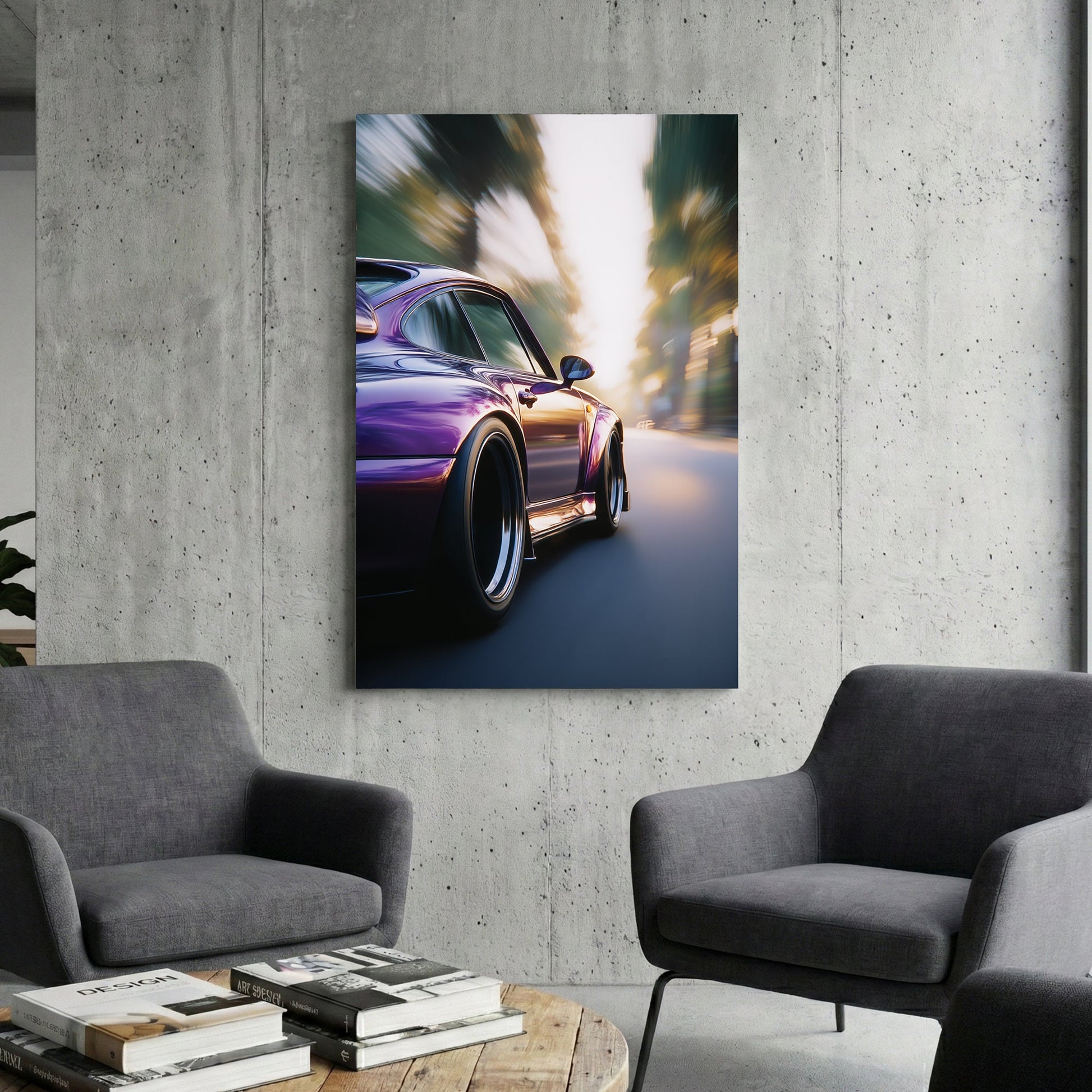 Close-up of a purple Porsche 911 driving on a road with motion blur wall art.