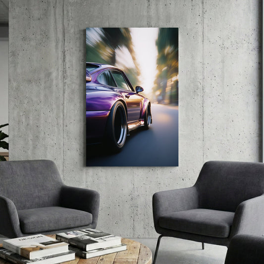 Close-up of a purple Porsche 911 driving on a road with motion blur wall art.