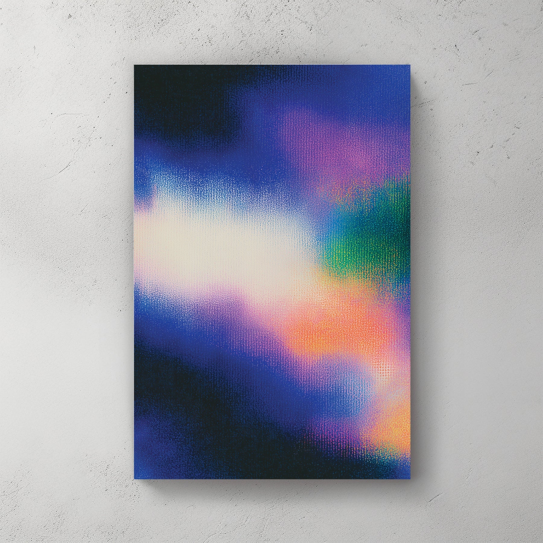 Hazy blue and pink abstract gradient wall art with grain texture.