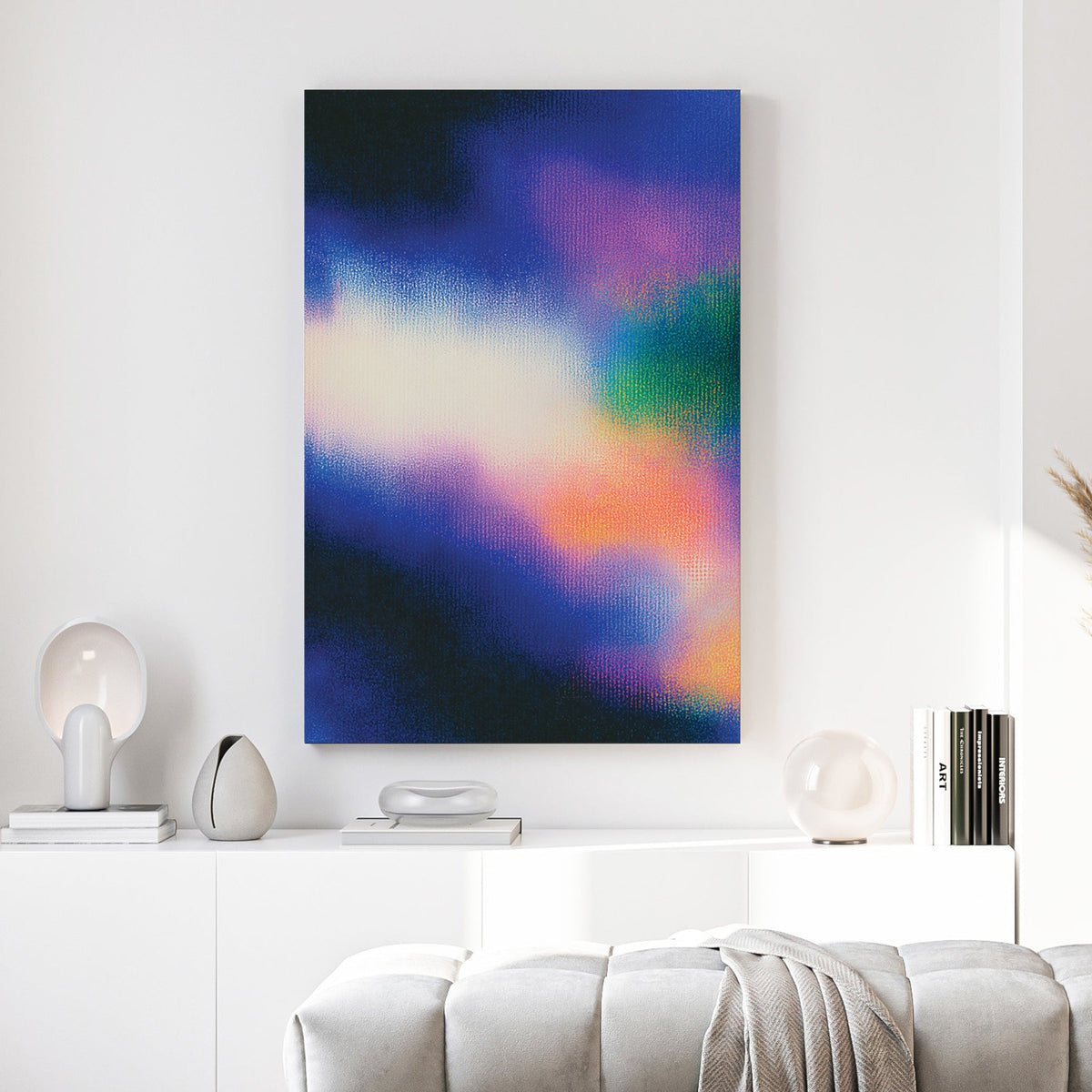 Hazy blue and pink abstract gradient wall art with grain texture.