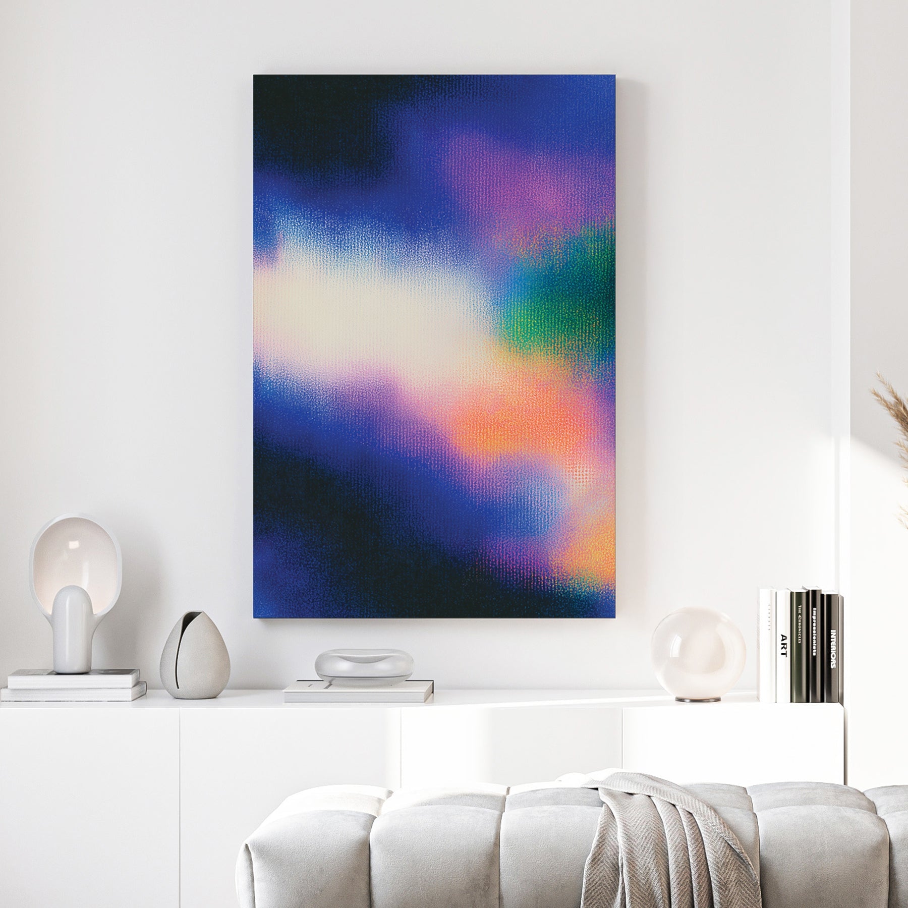 Hazy blue and pink abstract gradient wall art with grain texture.