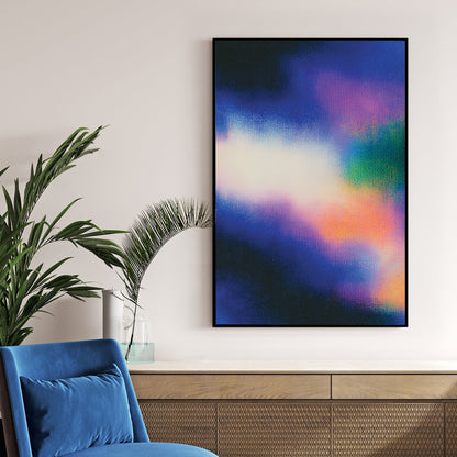 Hazy blue and pink abstract gradient wall art with grain texture.