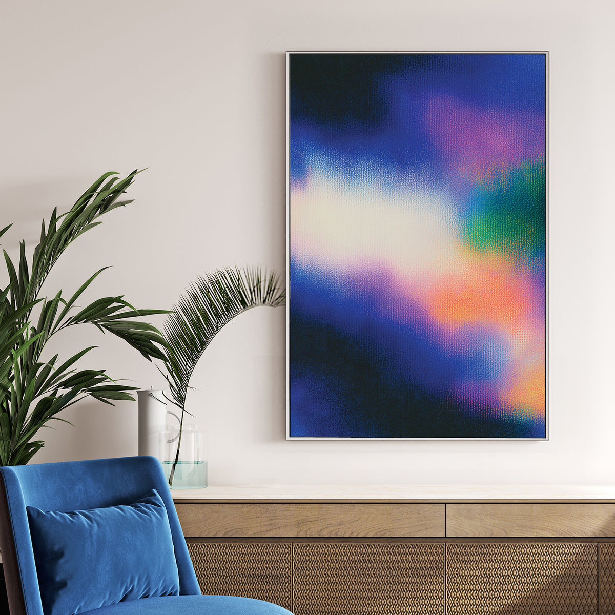 Hazy blue and pink abstract gradient wall art with grain texture.