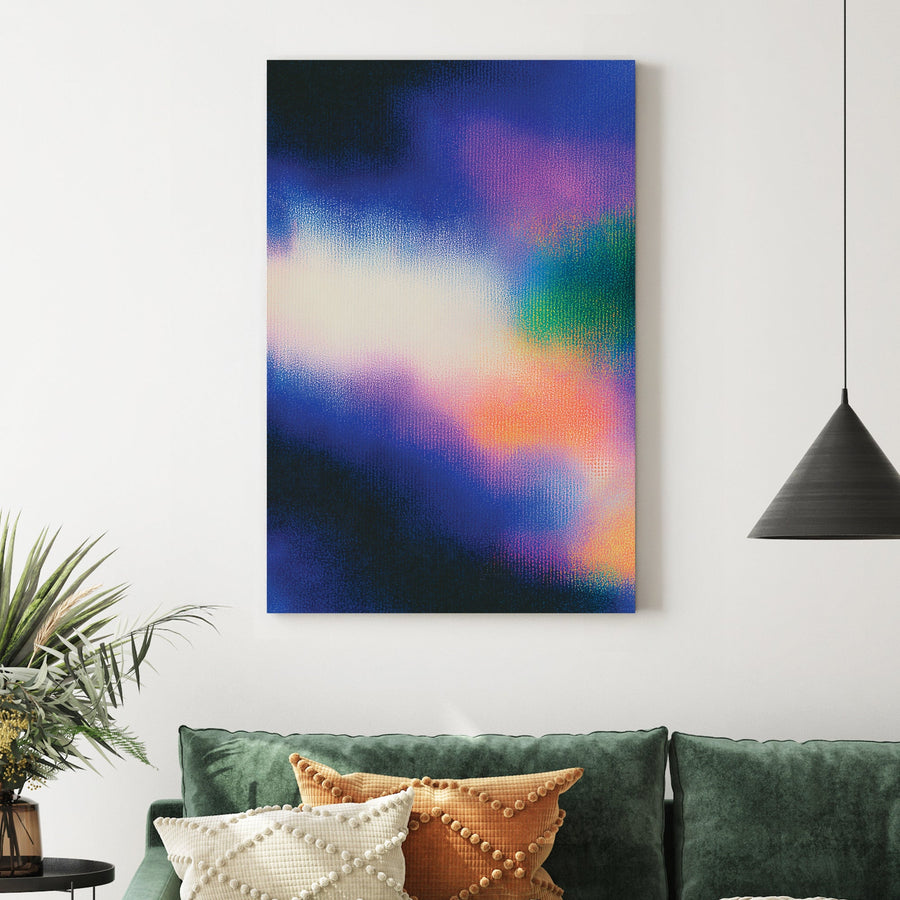 Hazy blue and pink abstract gradient wall art with grain texture.