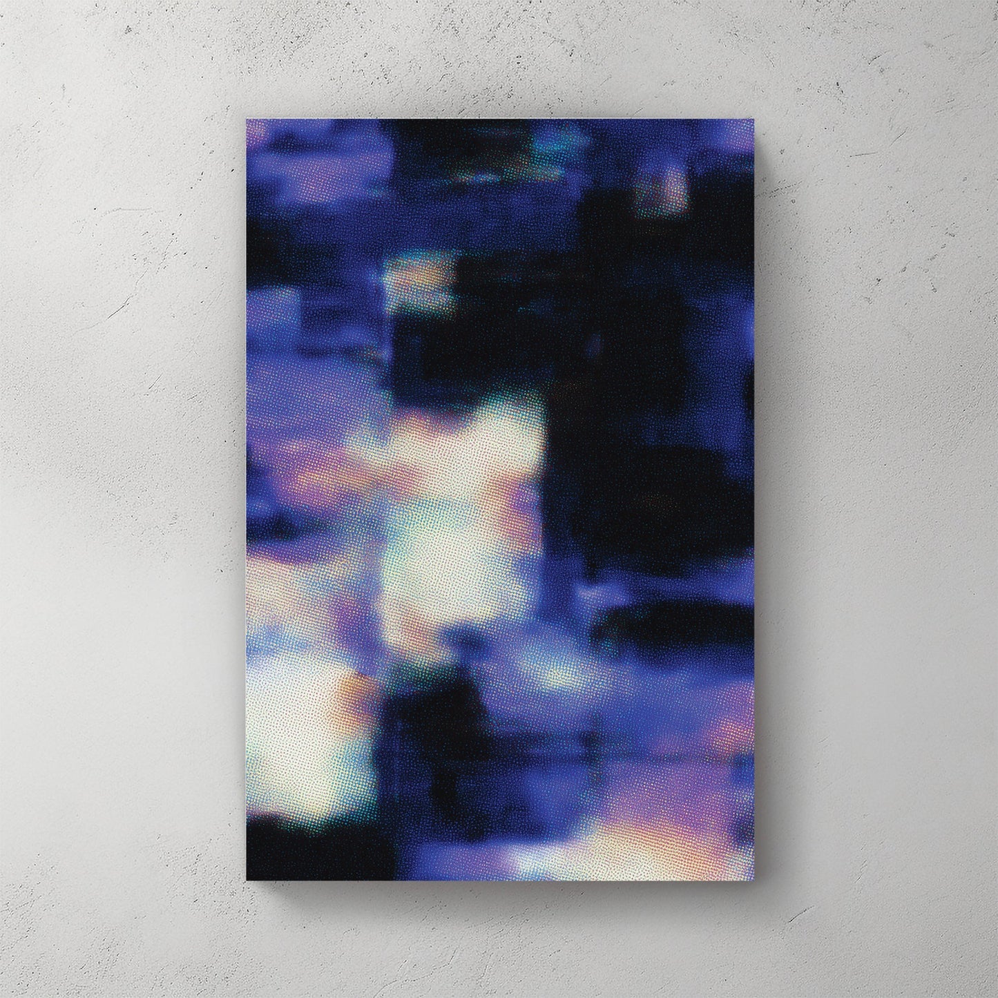 Abstract digital glitch wall art with blue halftone dots and indigo patterns.