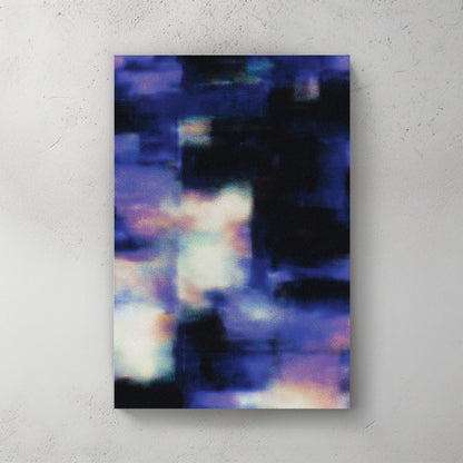Abstract digital glitch wall art with blue halftone dots and indigo patterns.