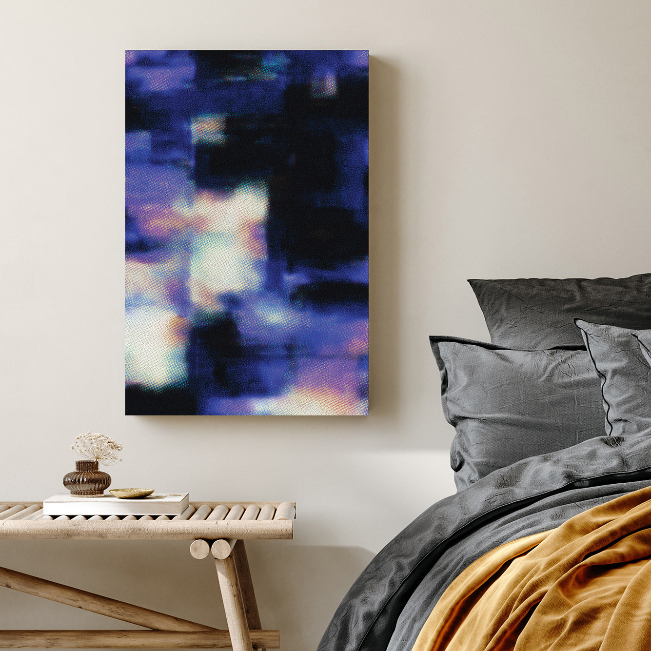 Abstract digital glitch wall art with blue halftone dots and indigo patterns.