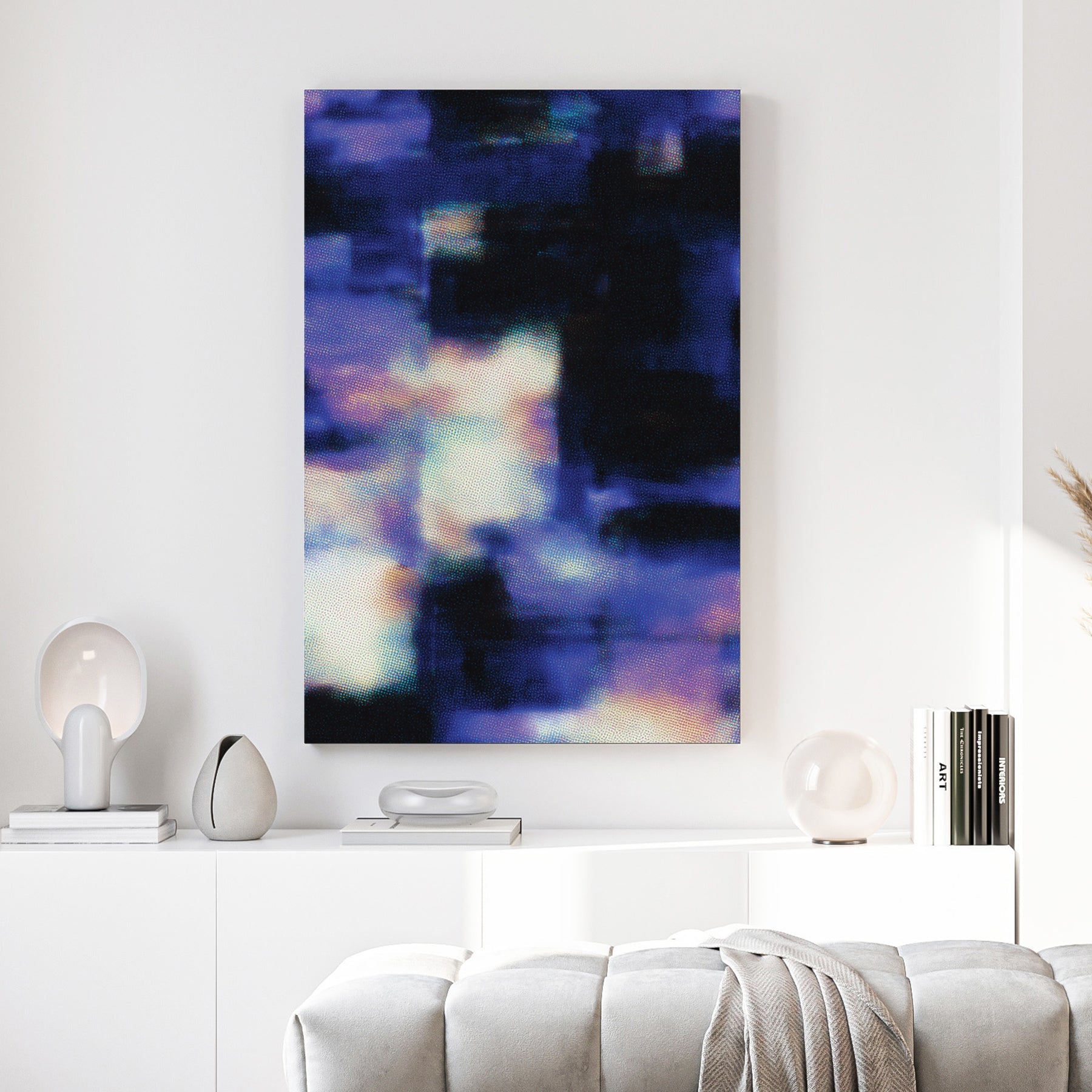 Abstract digital glitch wall art with blue halftone dots and indigo patterns.