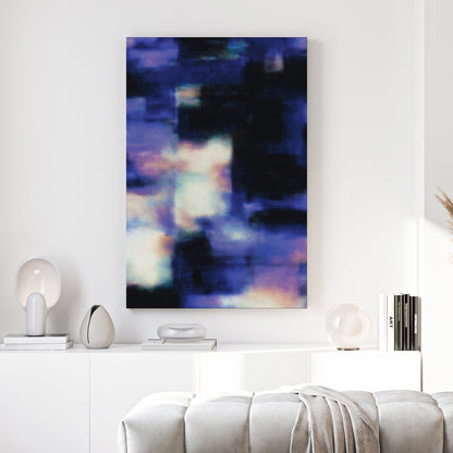 Abstract digital glitch wall art with blue halftone dots and indigo patterns.