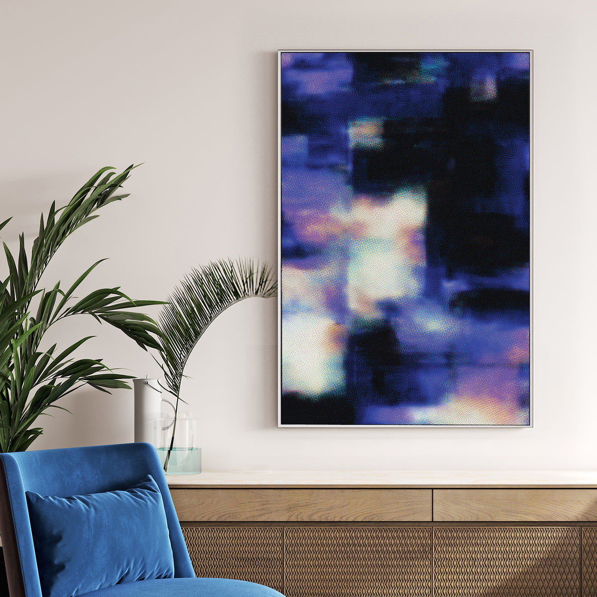 Abstract digital glitch wall art with blue halftone dots and indigo patterns.