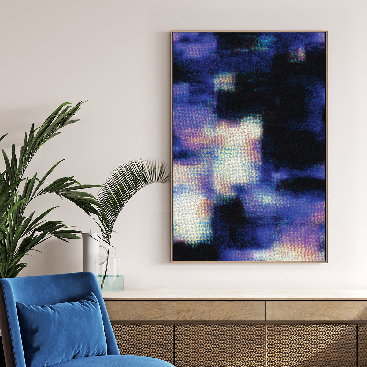 Abstract digital glitch wall art with blue halftone dots and indigo patterns.