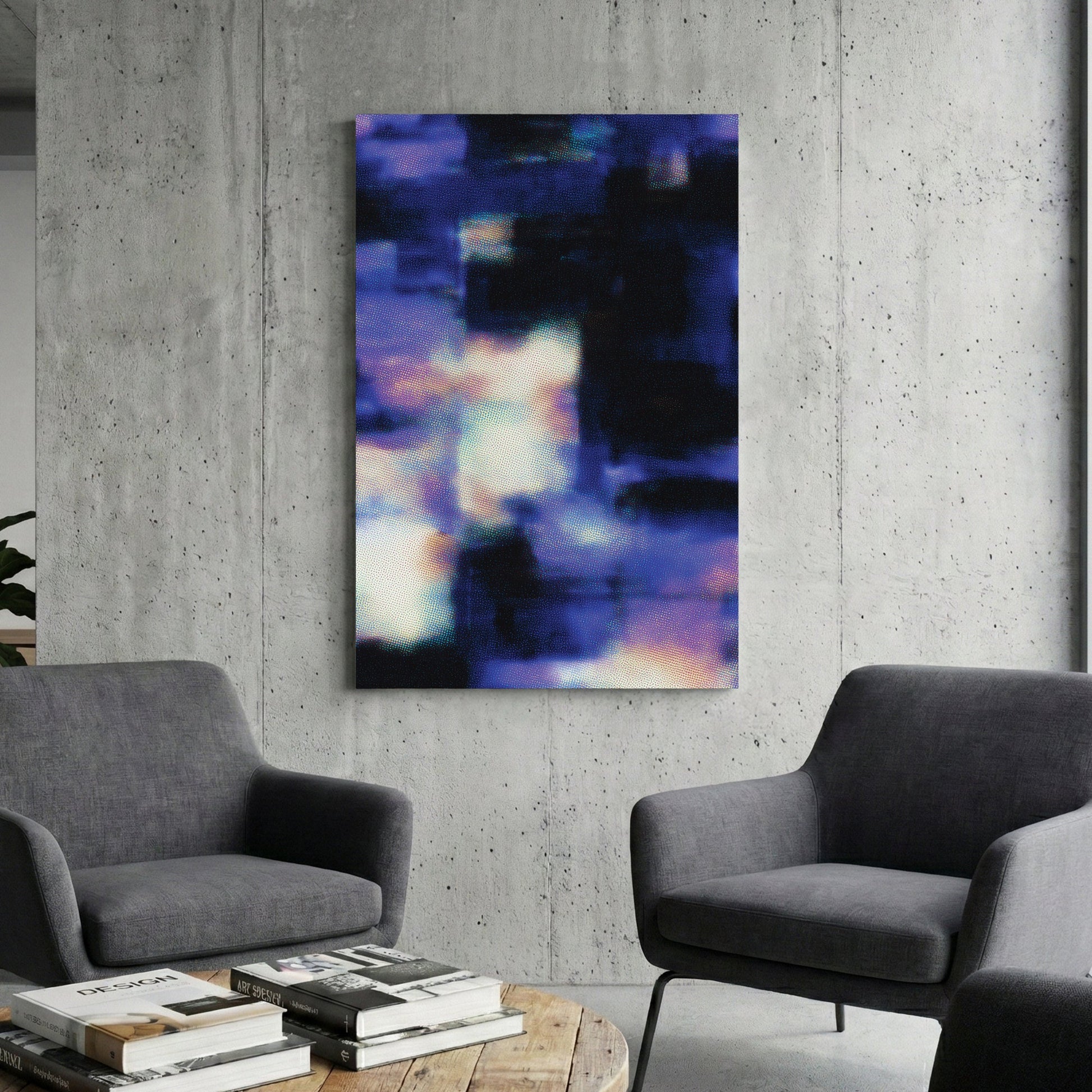 Abstract digital glitch wall art with blue halftone dots and indigo patterns.