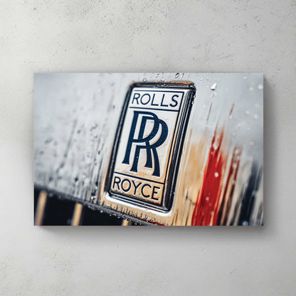 Macro shot of a Rolls-Royce badge with water droplets and a red highlight wall art.
