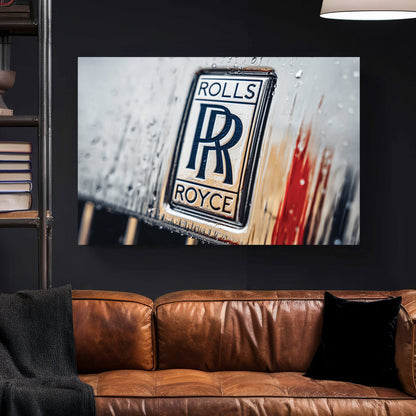 Macro shot of a Rolls-Royce badge with water droplets and a red highlight wall art.
