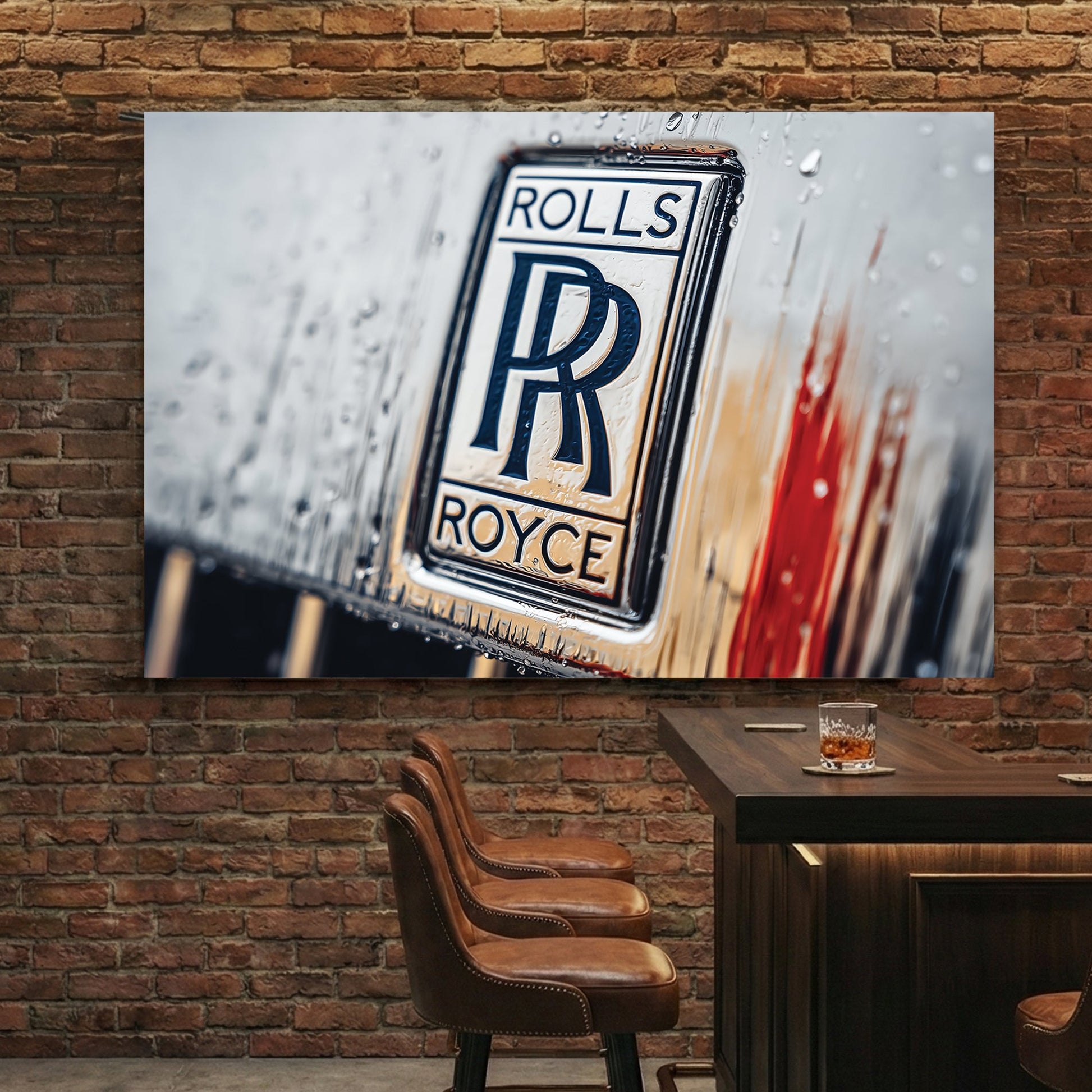 Macro shot of a Rolls-Royce badge with water droplets and a red highlight wall art.