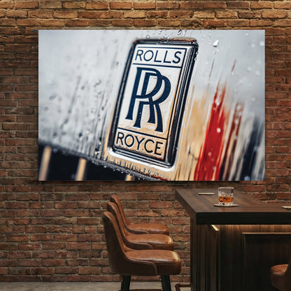 Macro shot of a Rolls-Royce badge with water droplets and a red highlight wall art.
