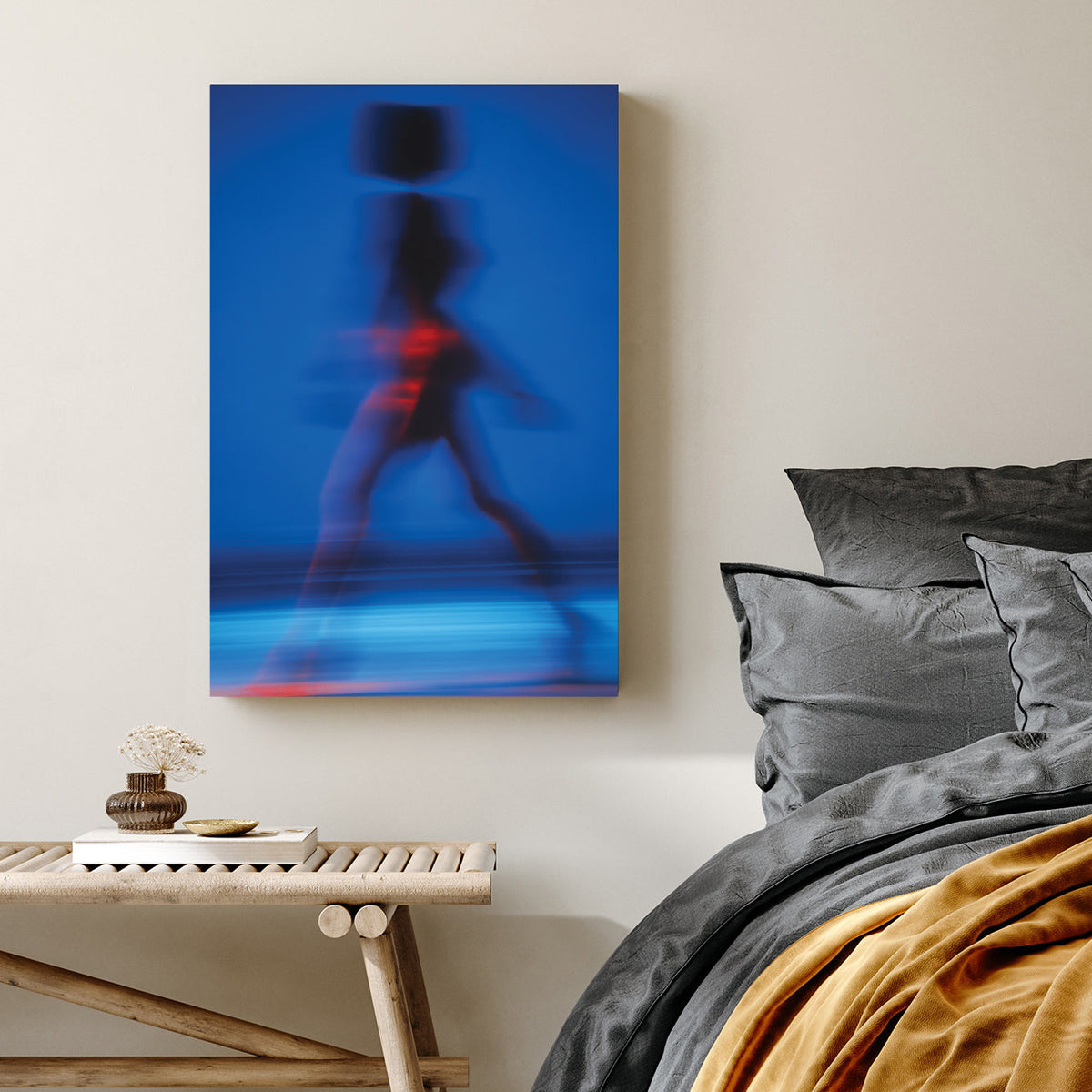 Abstract motion blur photography of a silhouette walking in blue wall art.