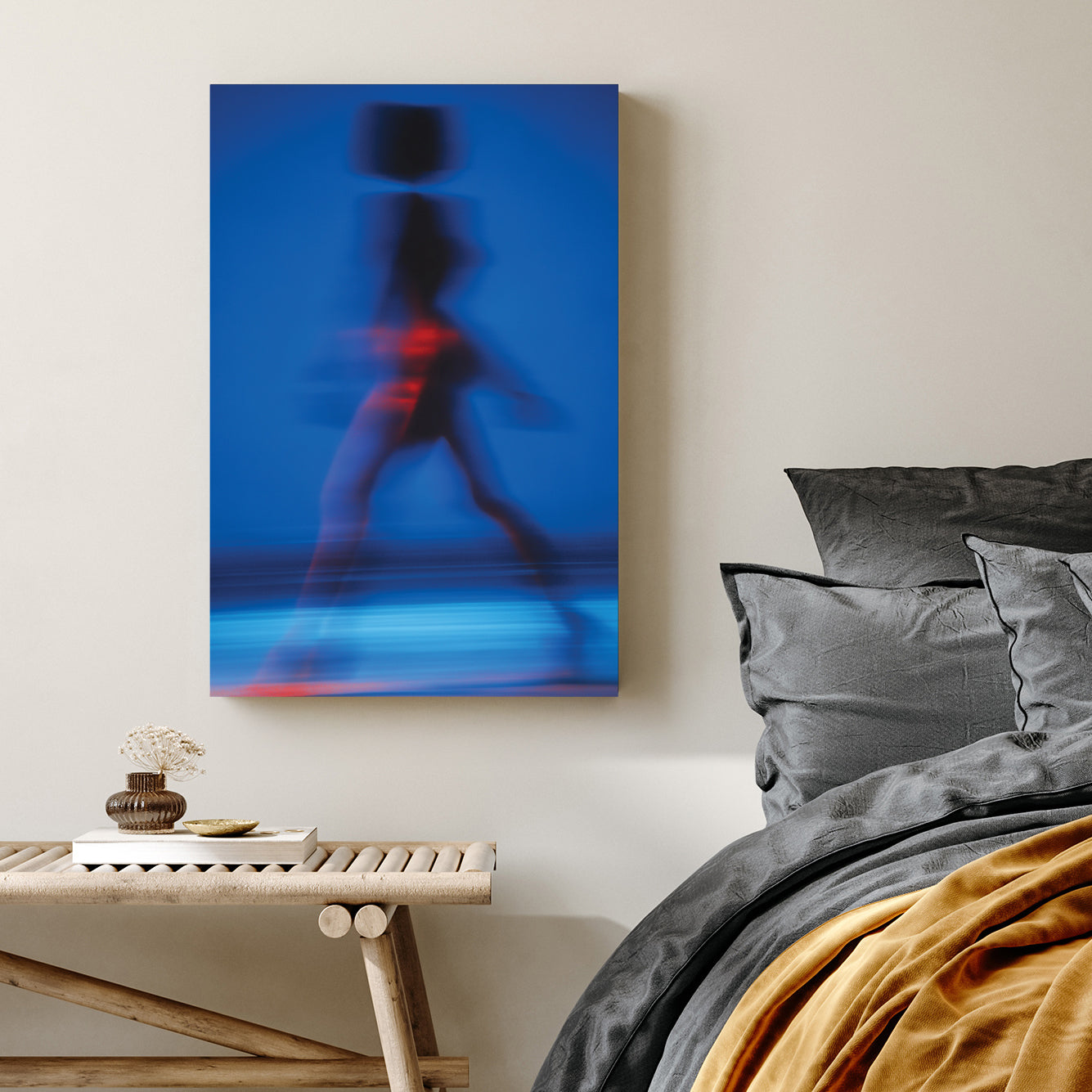 Abstract motion blur photography of a silhouette walking in blue wall art.