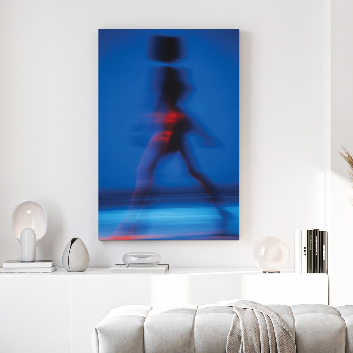 Abstract motion blur photography of a silhouette walking in blue wall art.