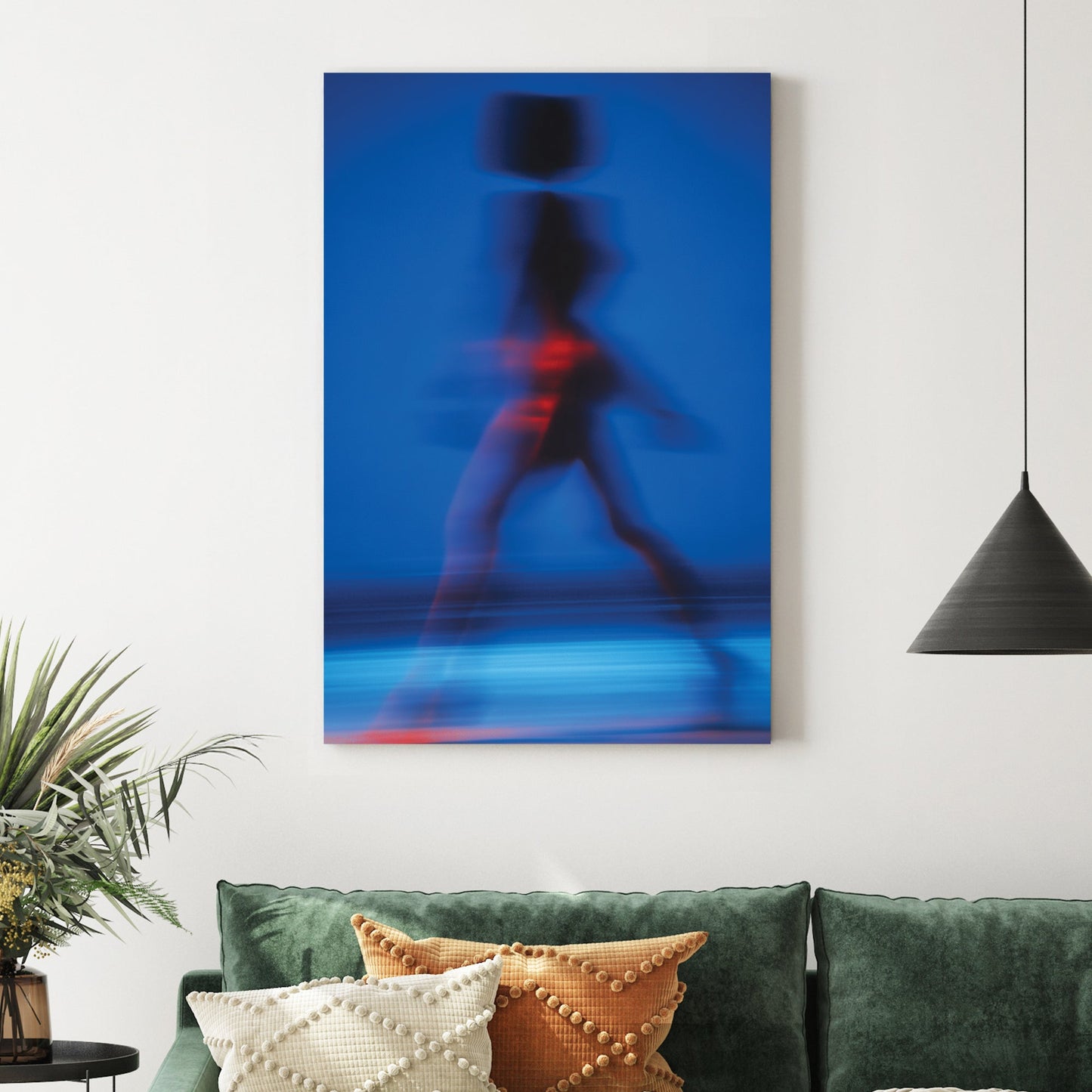 Abstract motion blur photography of a silhouette walking in blue wall art.