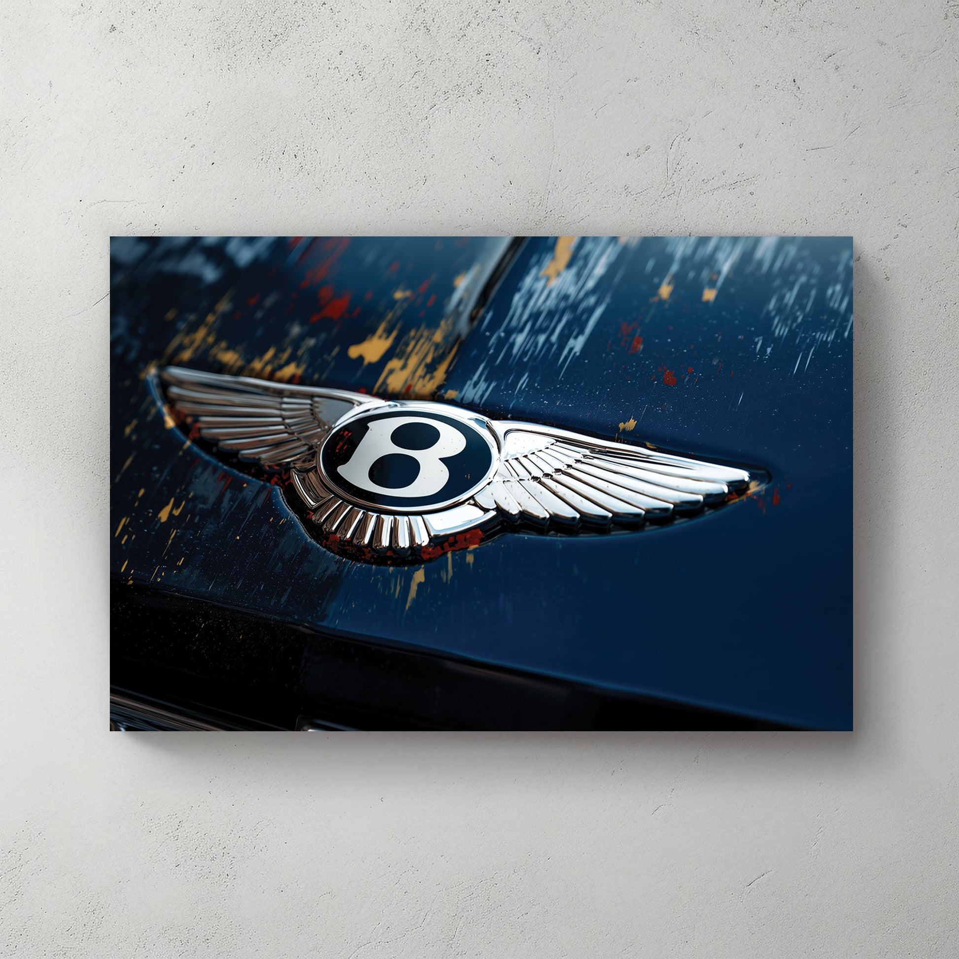 Close-up of a Bentley winged logo on a blue car hood with paint markings wall art.