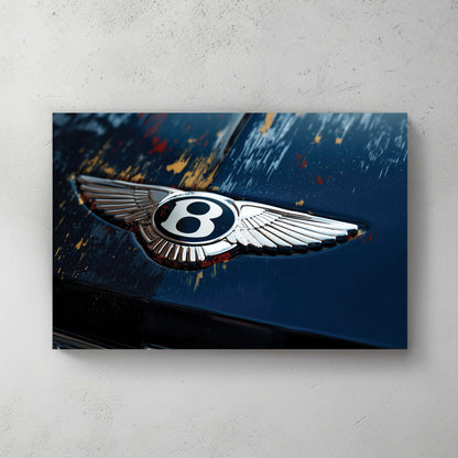Close-up of a Bentley winged logo on a blue car hood with paint markings wall art.