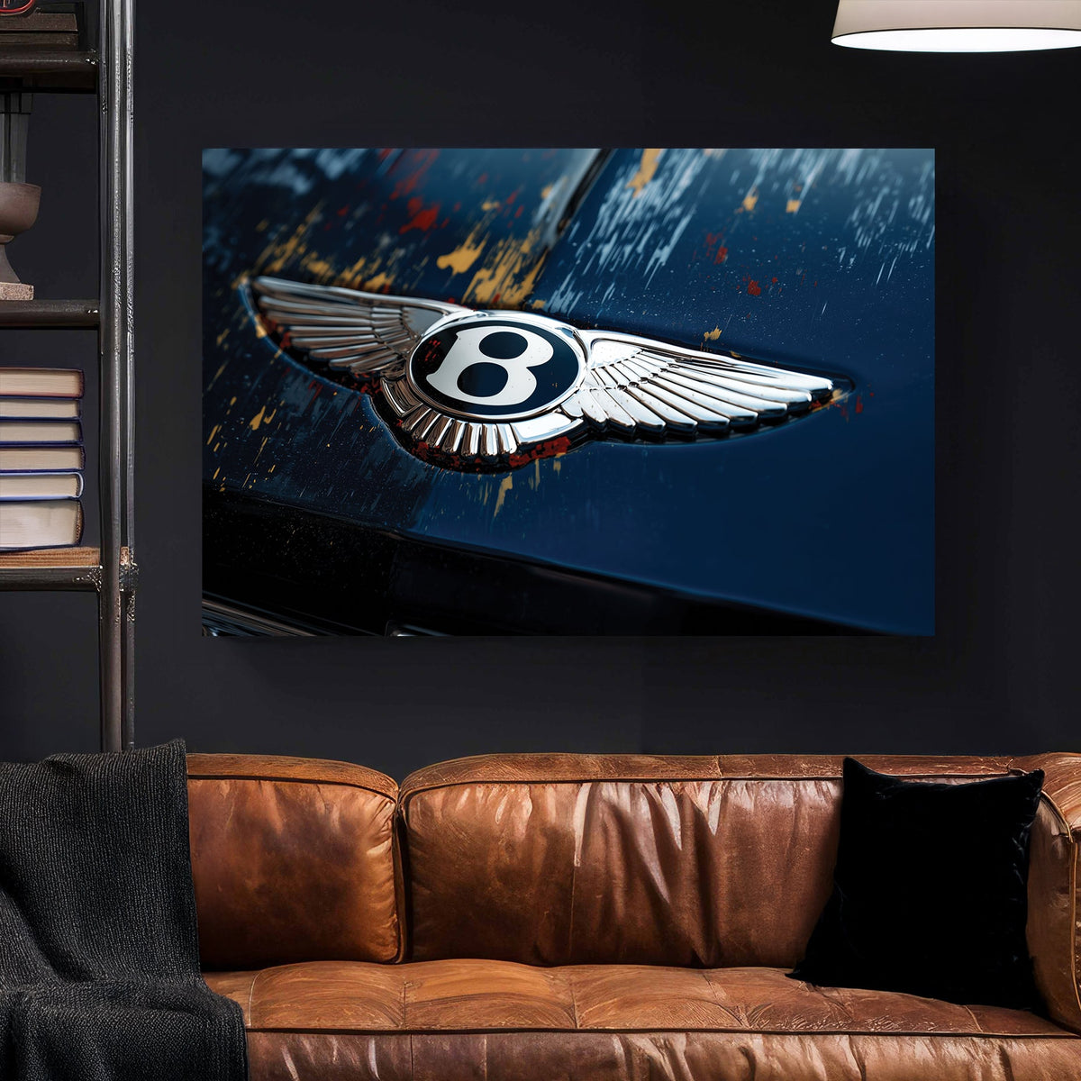 Close-up of a Bentley winged logo on a blue car hood with paint markings wall art.