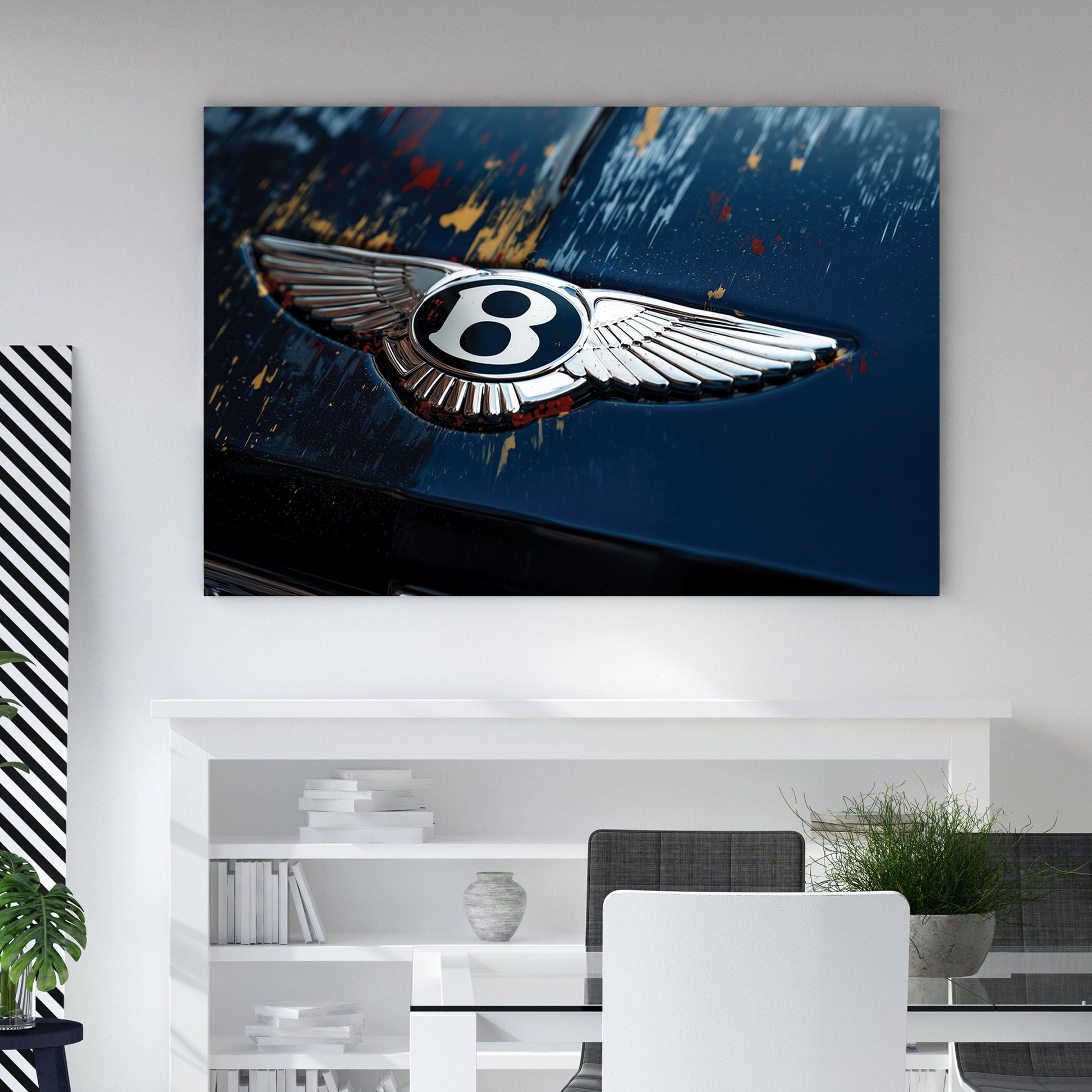 Close-up of a Bentley winged logo on a blue car hood with paint markings wall art.