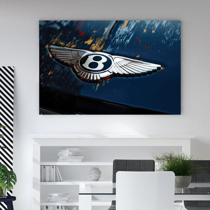 Close-up of a Bentley winged logo on a blue car hood with paint markings wall art.