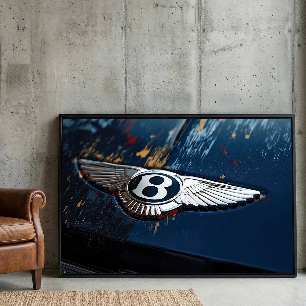 Close-up of a Bentley winged logo on a blue car hood with paint markings wall art.